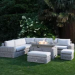 Bellagio Round Wicker Large Corner Casual Dining Set with Rising Firepit Table, Light Grey